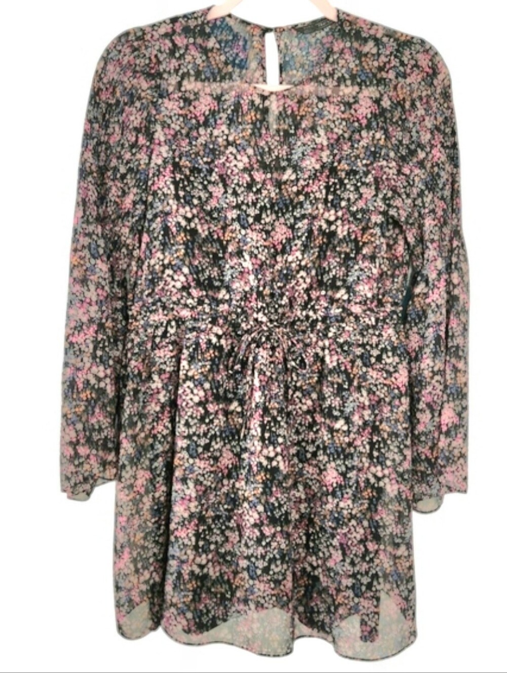 ZARA Trafaluc Sheer Ditsy Floral Dress Lined Bell Slvs Scoop Neck Waist Tie SM